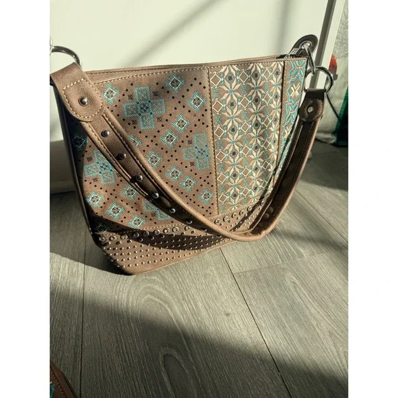 Montana West Brown & Turquoise Embroidered Studded Hobo Purse Wallet Set - Picture 3 of 10